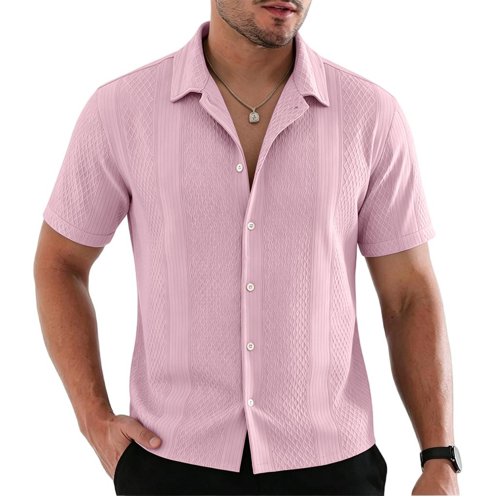 Men's Solid Knit Short Sleeve Shirt French Collar Breathable Hollow Out Button Down Casual Summer Top