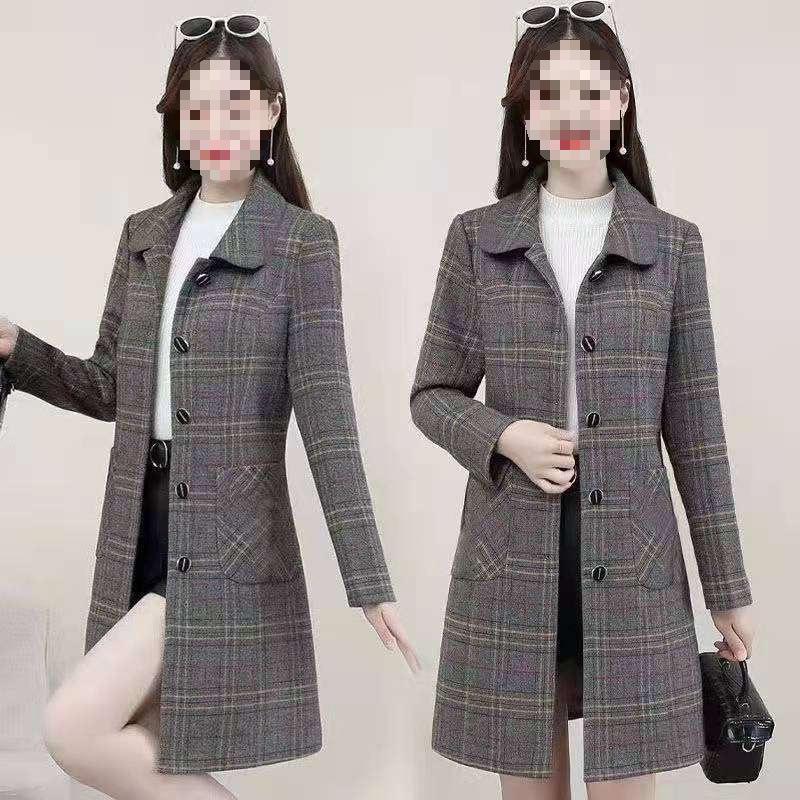Plus Size Plaid Wool Coat for Middle-Aged Women - Trendy Autumn & Spring Style
