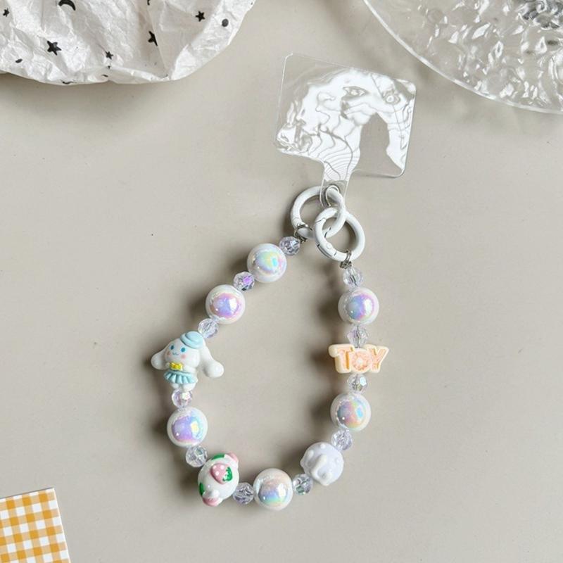 Sanrio Beads Phone Pendant Hello Kitty Kuromi Melody Keychain Wrist Strap Bag Decor Car Keyring W/Card