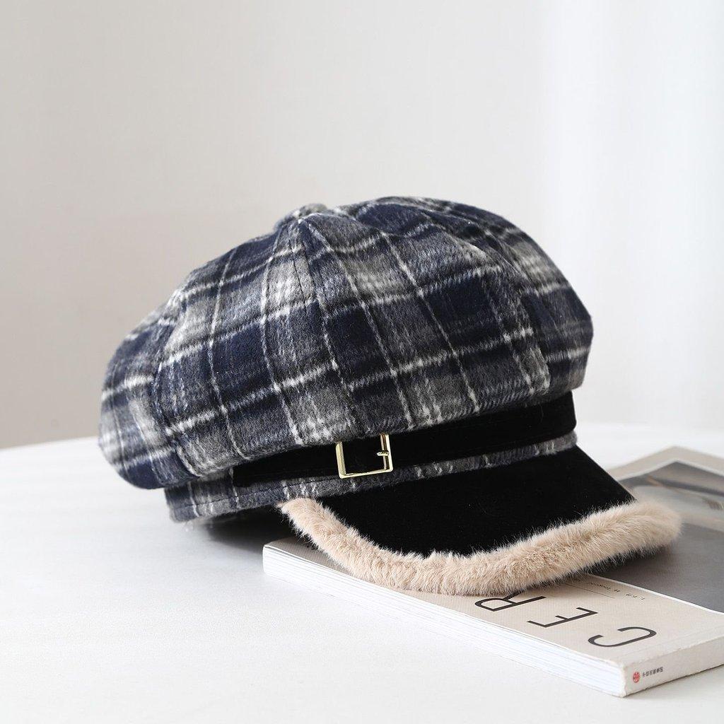 Vintage Grid Pattern Wool Octagonal Hat With Warmth And Windproof For Winter Wear