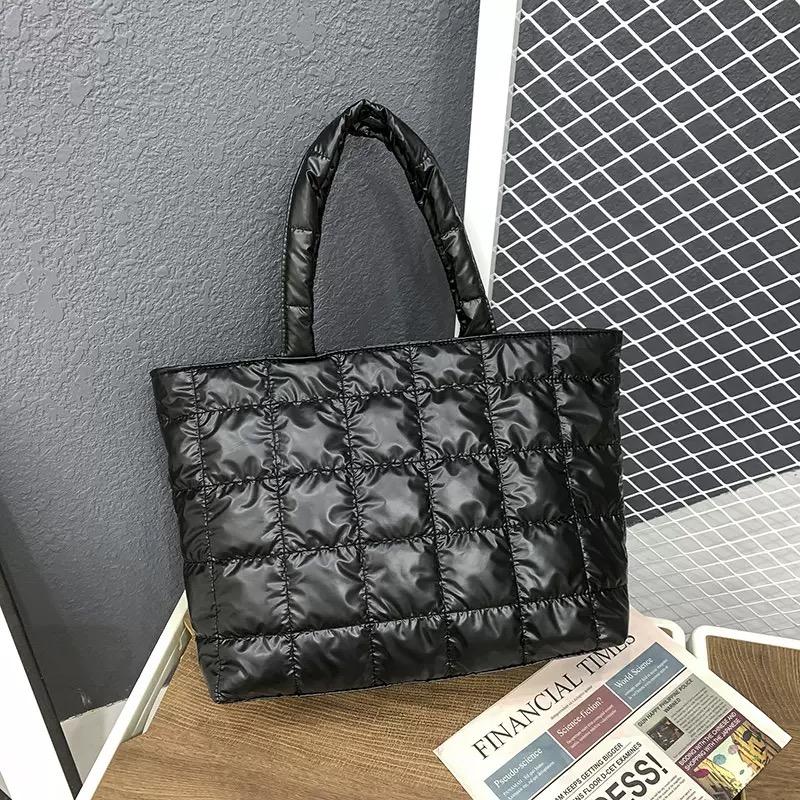 

Nylon Waterproof Big Grid Soft High Capacity Shoulde!Bag for Women 2026 Hit Winter Short Handle PaddedHandbags Black