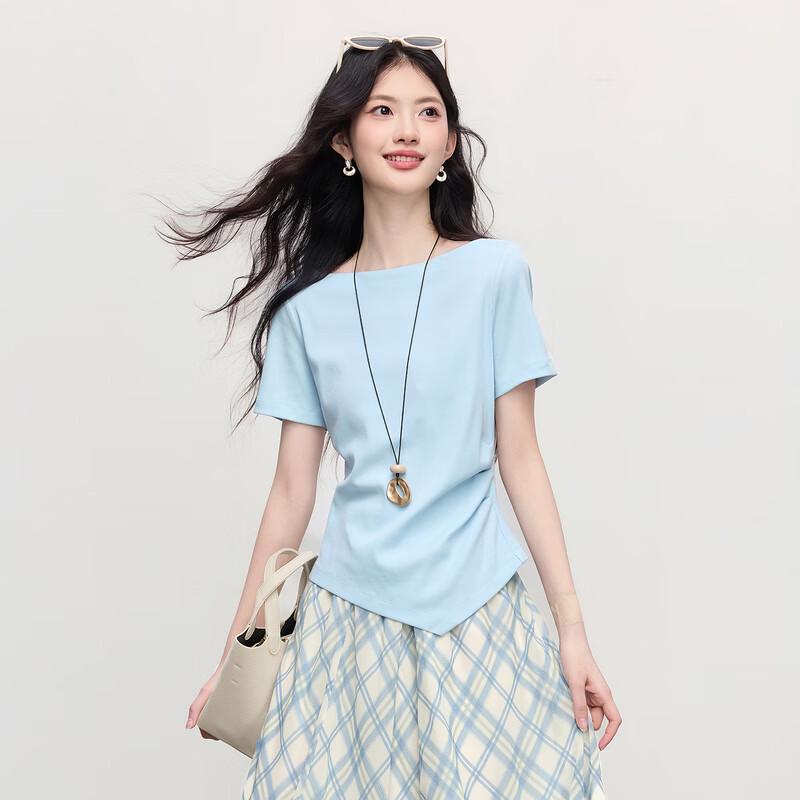 Women's French Style Summer T-shirt & Plaid Skirt Set