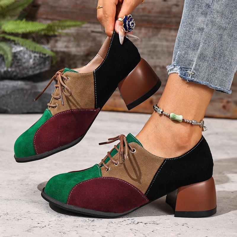 Multi-color Suede Block Heel Single Shoes Fall New Round Toe Strappy Non-slip Wear-resistant High Heels