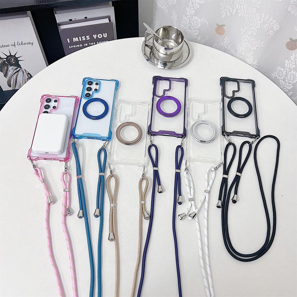 For Samsung Galaxy S25 Ultra Magnetic Case Ring Kickstand TPU+PC Phone Cover with Lanyard