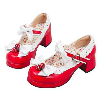 Japanese Mori Girl Lolita Lolita Berry Bell Round Head Thick Heel Bow Women's Single Shoes Thick Heel Muffin Sweet
