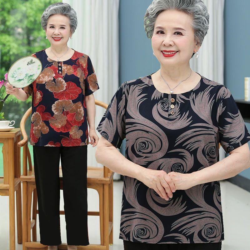 Summer Outfit: Short-Sleeve Top & Pants Set for Women in Their 60s and 70s - Cotton Silk Blend for Middle-Aged and Elderly Comfort