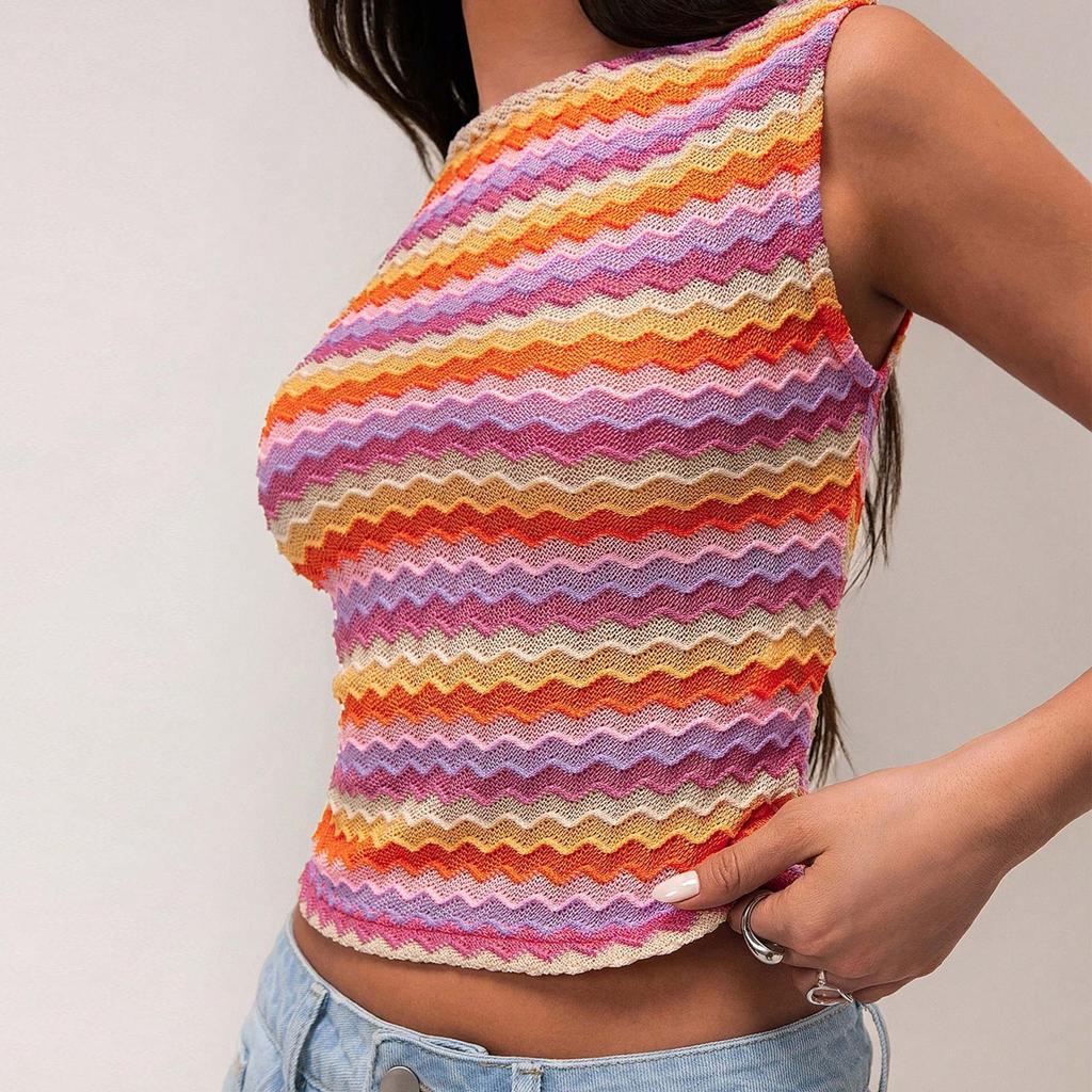 European and American bestseller summer new knit color-blocking striped elegant high-elasticity vest