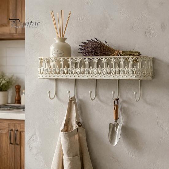 Organizzatore da Parete Robusto, Mensole Galleggianti Montate, Scaffale in Metallo con 5 Ganci, Portachiavi, Supporto Rustico per Piante, Organizer per Posta, Scaffale per Ingresso