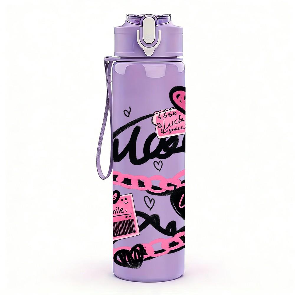 1PC Pink Heart Retro Letter Print 750ml Color Plastic Sports Water Bottle Leakproof Flip Straw Lid Suitable for Sports Office Home Use