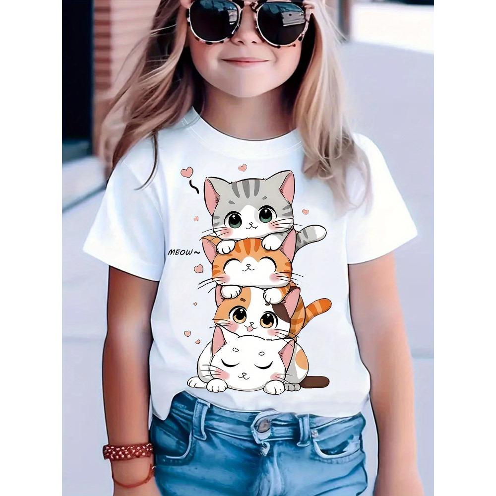 New Summer Girls Clothes Cartoon Cute Cat Graphic T Shirt Short Sleeve Tops for Girls 4 To 6 Years Casual Children's Clothing