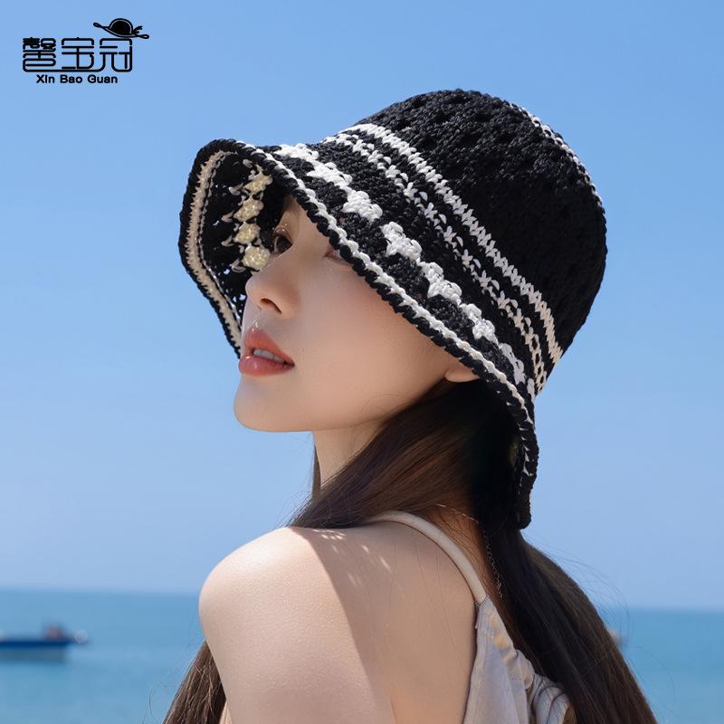 Fashion bucket hat casual versatile washbasin hat summer knitted hollow breathable sunscreen bucket hat
