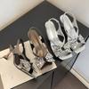 Fashion Rhinestone Cutout Bow Back Empty Sandals Women's Outside Wear Summer New Square Toe Fashion Non-slip Stiletto Heels