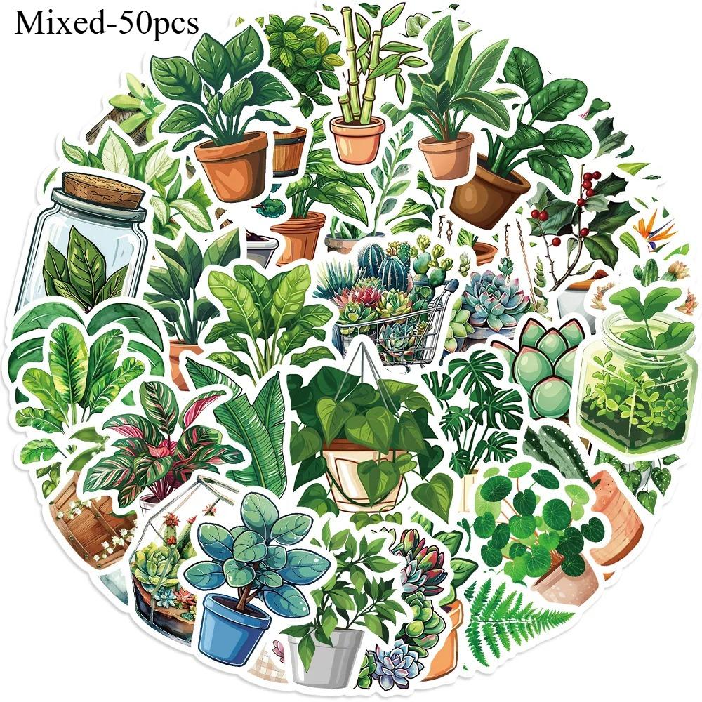 50pcs Cute Plants Green Aesthetic Stickers DIY Decoration Fridge Notebook Bike Phone Suitcase Cartoon Sticker PVC Wall Stickers