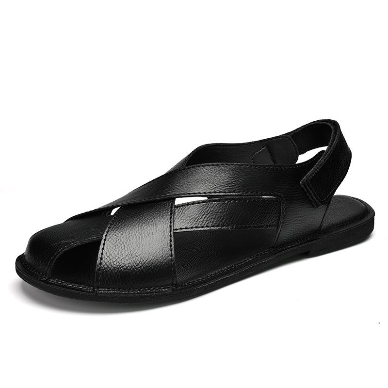 Men s Cross-Strap Genuine Leather Sandals: 2025 Summer Casual Non-Slip Beach Shoes for Dad 47 чёрный