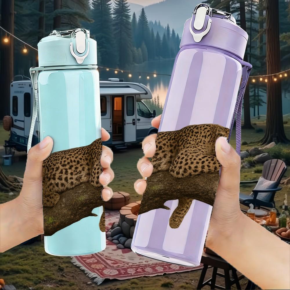 1PC Leopard Tree Branch Silhouette 750ml Color Plastic Sports Water Bottle Leakproof Flip Straw Lid Suitable for Sports Office Home Use