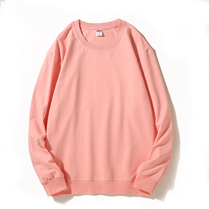 Spring Crew Neck Sweatshirt: Drop Shoulder, Solid Color, Long Sleeve, Logo-Printed Workwear.