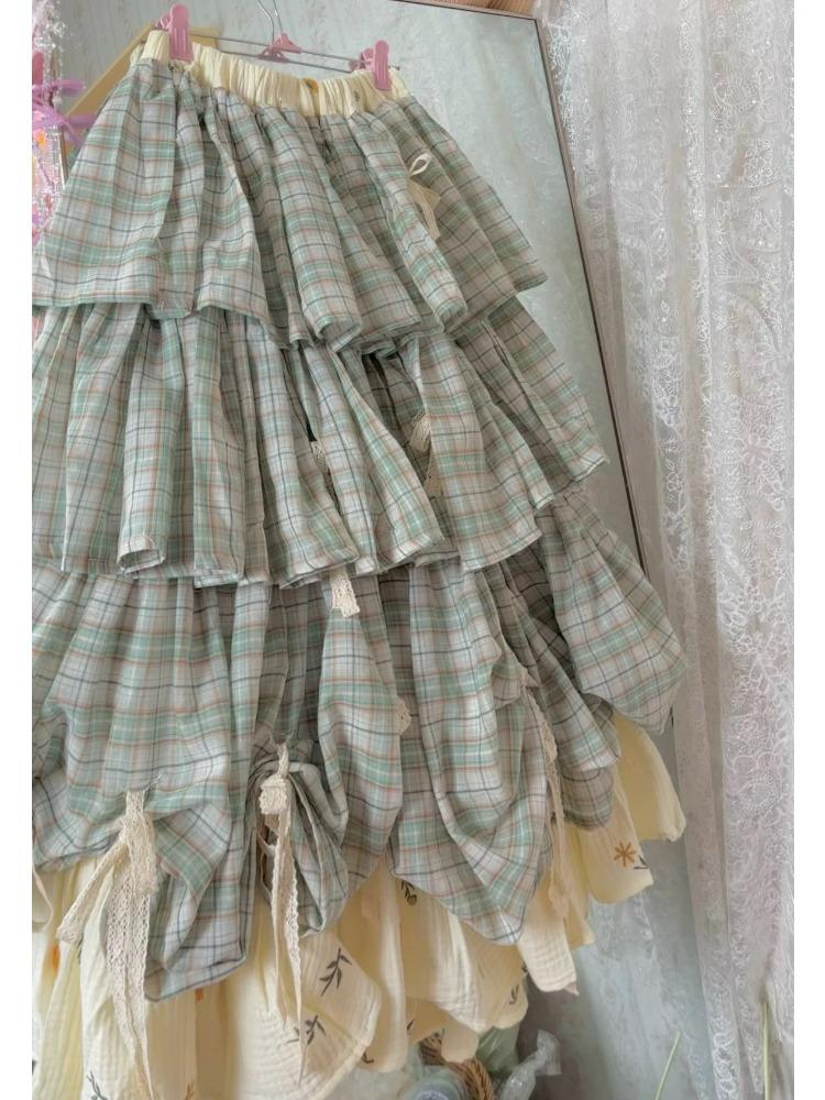 

2025 Сладкая облегающая шикарная лоскутная клетчатая юбка женская каваи новая винтажная с принтом бантиков пышные юбки харадзюку Y2k милая одежда лето S