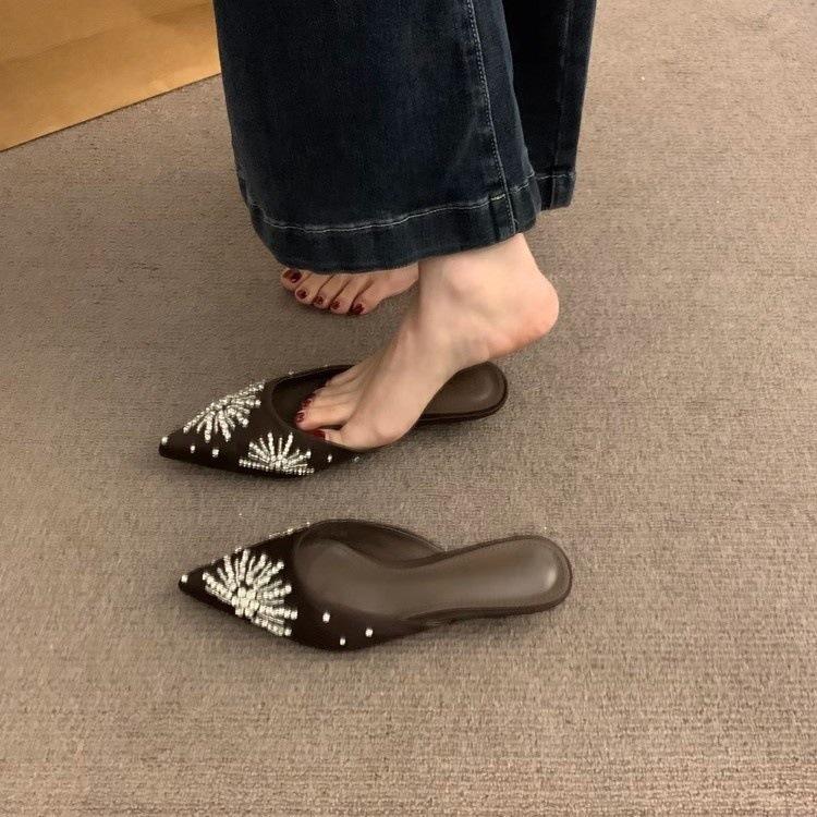 

Coarse Heeled French Toe Cap Half Slippers for Women Wearing Outer Shoes. Spring and Autumn 2025 New Brown Rhinestone Pointed Evening Shoes 35 коричневий