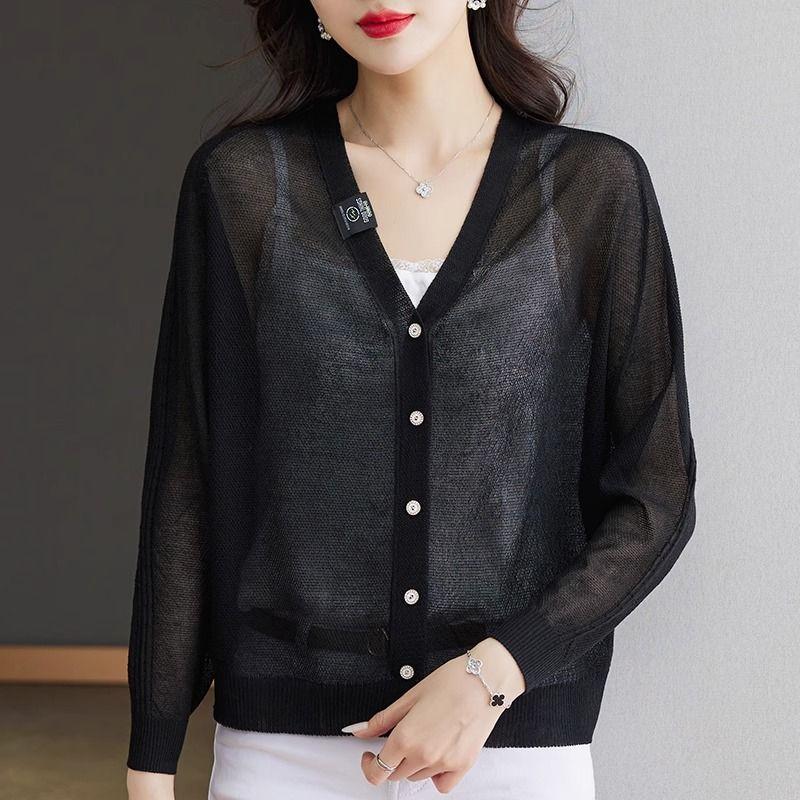 

Ice Silk Shawl Outerwear Small Outer Wear Summer 2025 New Top V-neck Knit cardigan Thin Women Sun Protection Cover up Black M