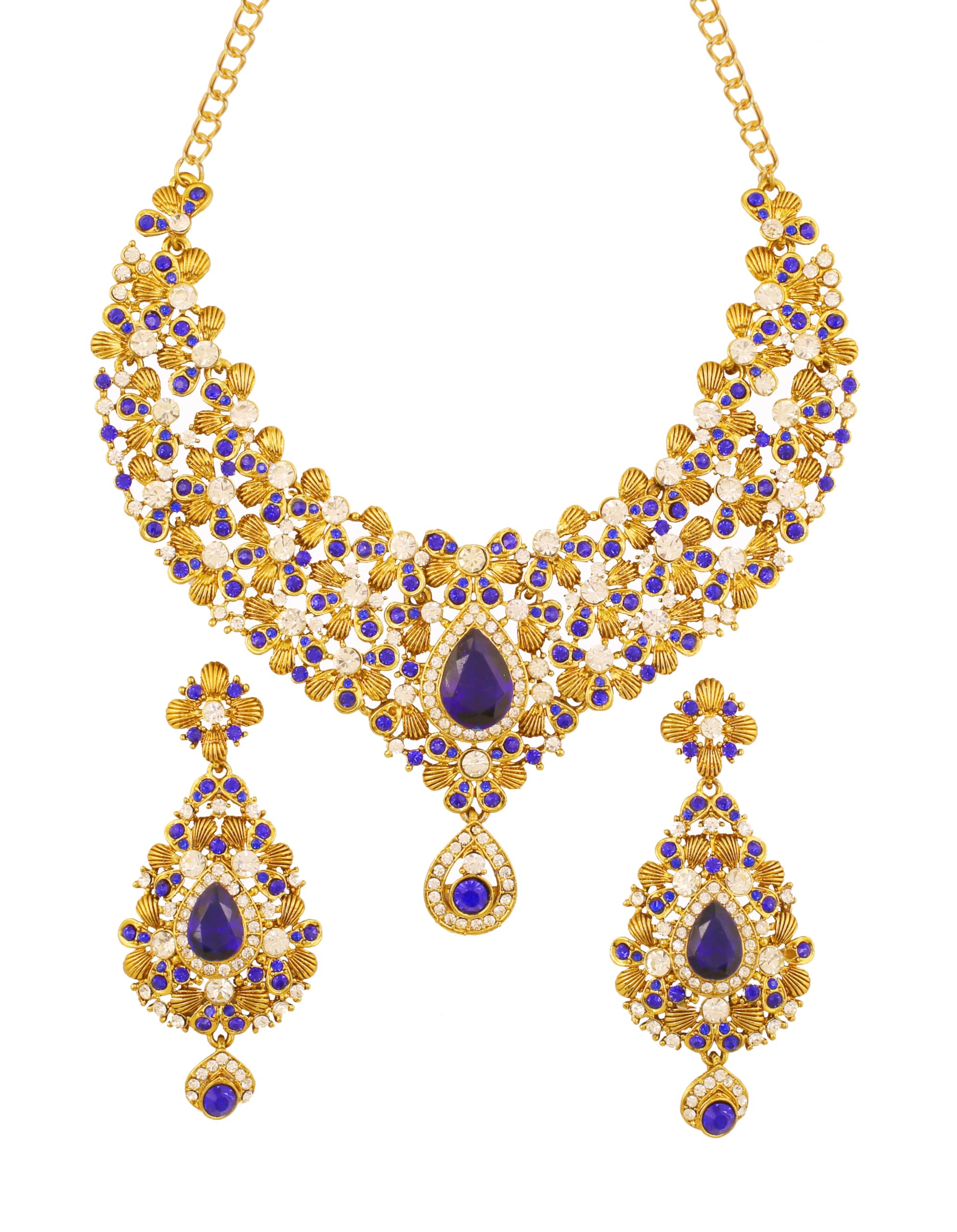 

Touchstone Indian Bollywood Artificial Blue Sapphire White Crystal Jewelry Bridal Necklace Antique Gold Tone