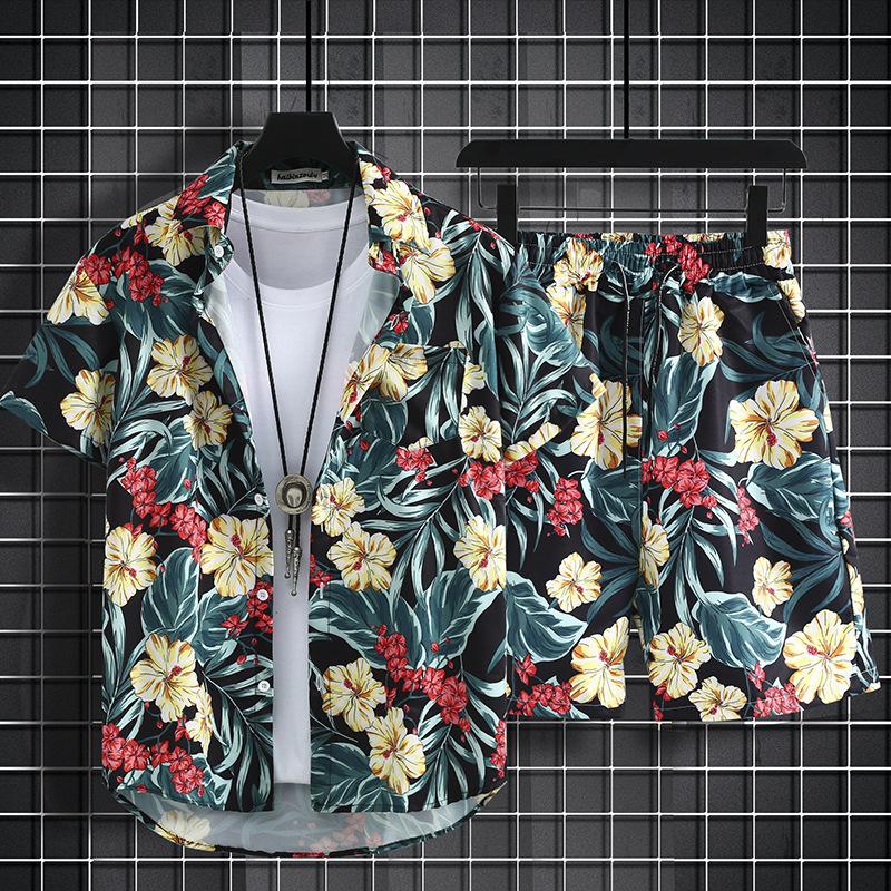Klassisches Bequemes Hawaii Blumen Pflanzen 3D Druck Hemd + Shorts Zweiteiliges Set Kurzarm Umlegekragen Hemden Kurze Hosen