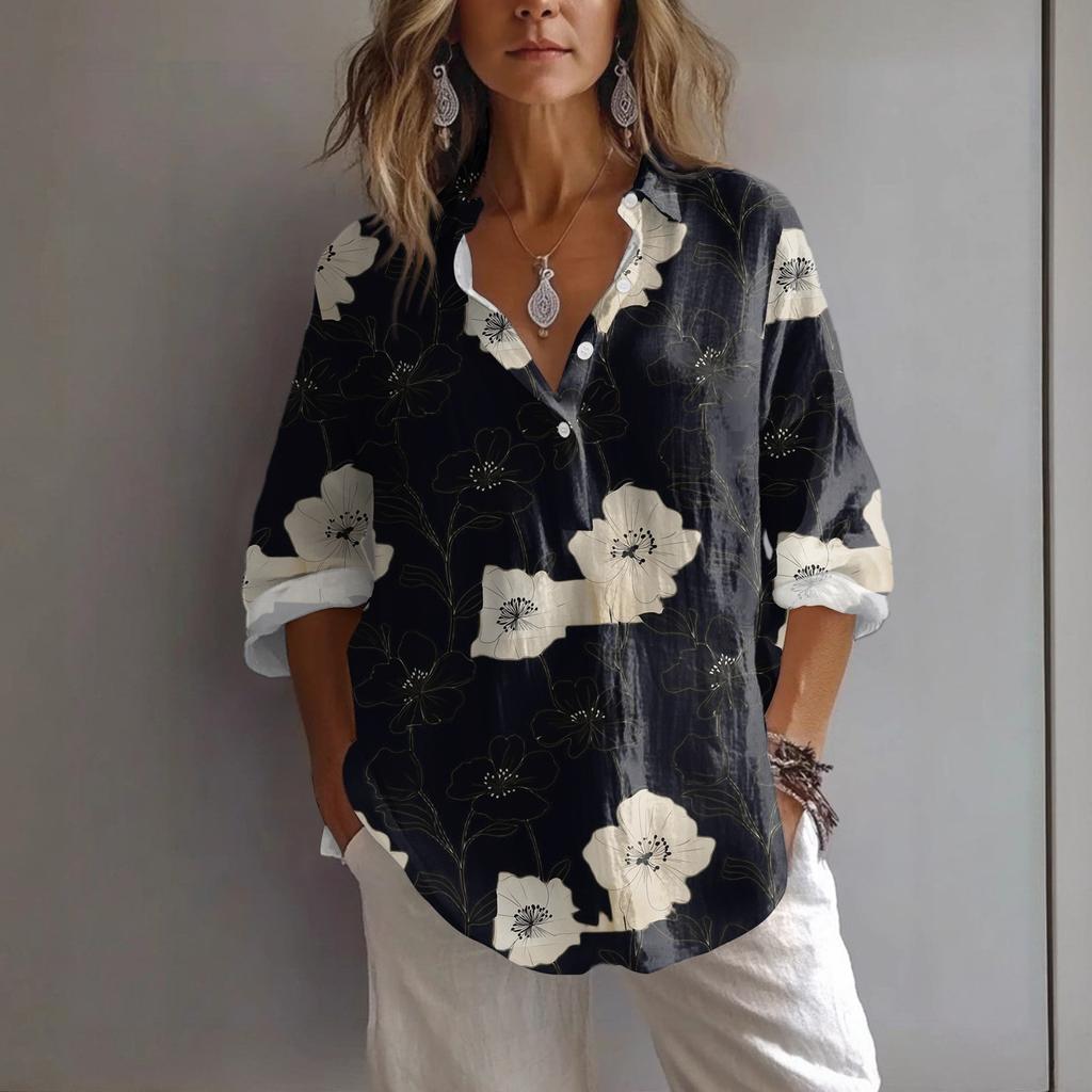 Chemise Pullover Décontractée à Revers et Manches Décontractées Imprimée Ample pour Femmes Printemps et Été