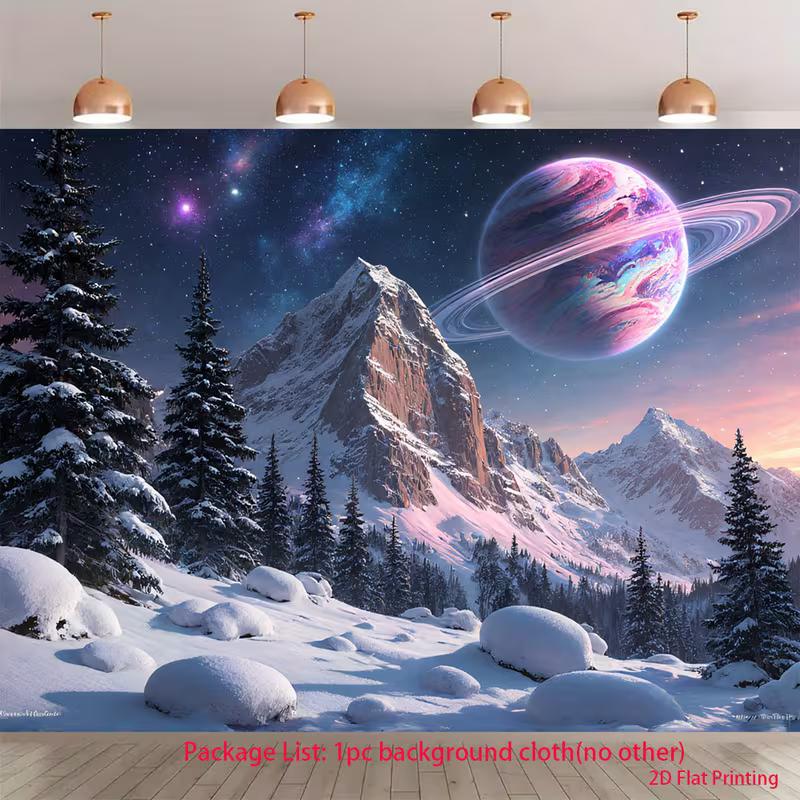 

2D Starry Night Winter Backdrop Snowy Mountain Space Planet Photo Booth Banner 47.2x31.5inch/120*80cm