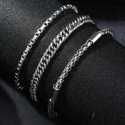 Titanstahl Handschmuck Trendiger Punk Mehrlagiges Armband Kubanische Kette Drachenknochenkette Edelstahlarmband Dreiteiliges Set