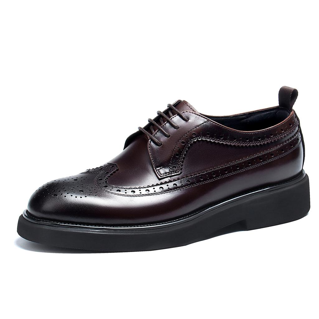 Round Head Block Men'S Leather Big Head Business Casual Shoes First Layer Cowhide Leather Shoes Thick Sole Increase