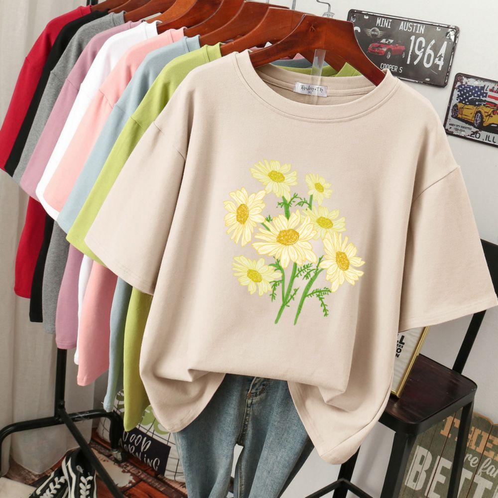 Street Baumwolle Damen T-Shirts Frisch Harajuku Gelbe Chrysanthemenblumen Drucke Oberteile Locker Rundhals Weiche T-Shirts Damenbekleidung