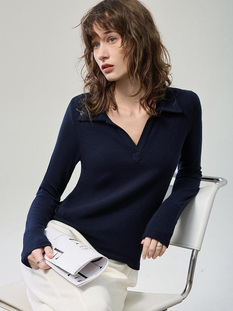 Women's 2025 Slim-Fit V-Neck Knit Long-Sleeve Polo Pullover