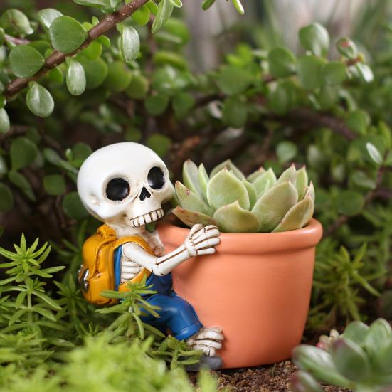Cute Skeleton Planter Decorative Resin Flowerpot Small Skeleton Plant Pot for Succulents Halloween Desktop Decoration