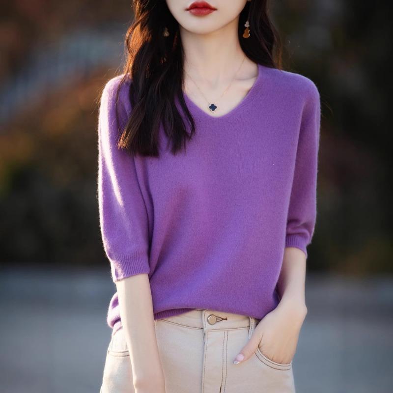V Neck 1 2 Sleeve Loose Knit Sweater Solid Color Pullover For Women
