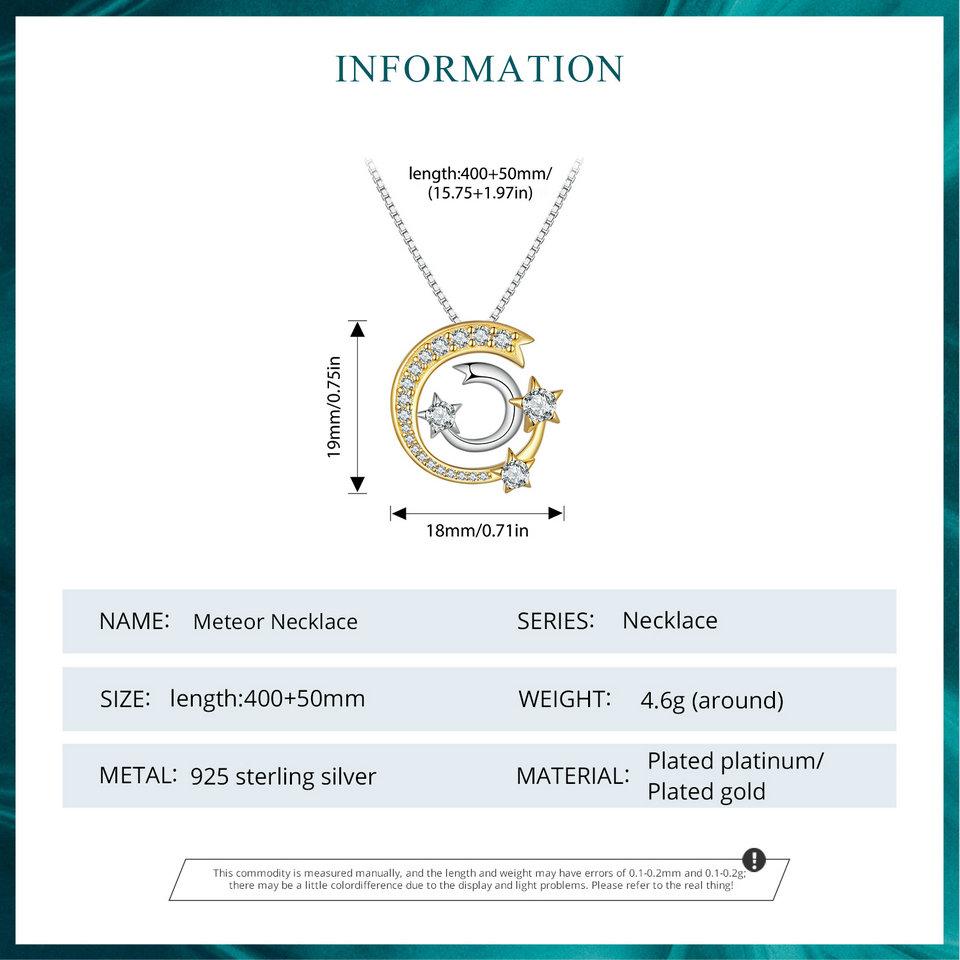 BAMOER 925 Sterling Silver Gold Meteor Pendant Necklace Moon and Star Neck Chain for Women Birthday Gift Fine Jewelry