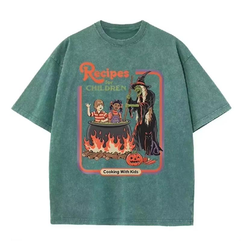 Washed Purple Retro Halloween Witch Cauldron Jack O Lantern Loose Tee