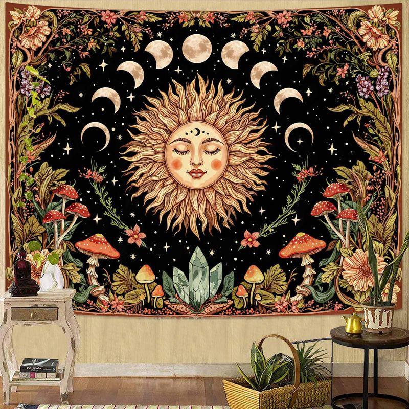 Sun Moon Floral Mushroom Tapestry Wall Hanging for Living Room Bedroom Yoga Meditation Room Wall Art Mystic Boho Decor
