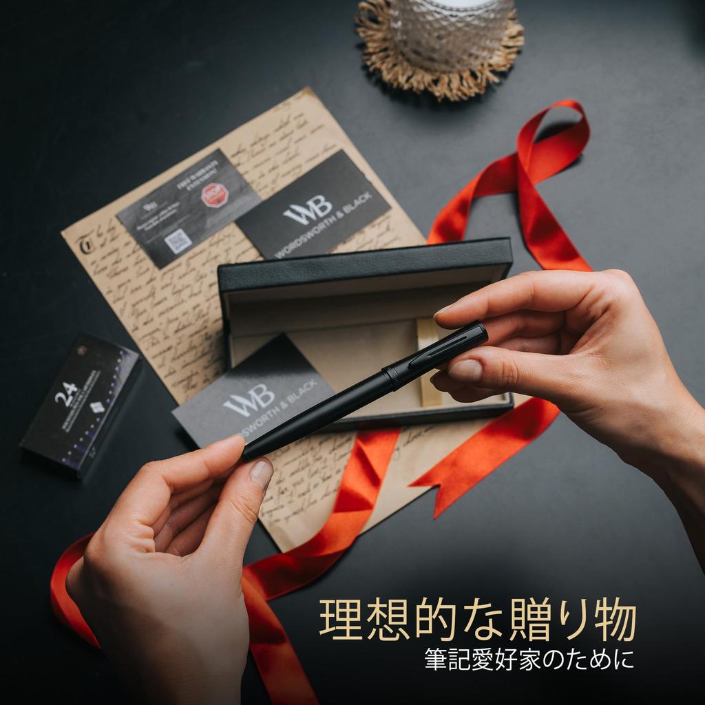 Wordsworth Black Fountain Pen Fine 24 Ink Ink Refill Converter Gift Unisex & Set, Nib, Cartridges, & Box, Calligraphy, [All Black],