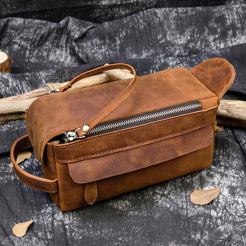 New Men's Crazy Horse Leather Handbag Multi Functional Genuine Leather Toilet Bag Large Capacity Women's Storage Bag