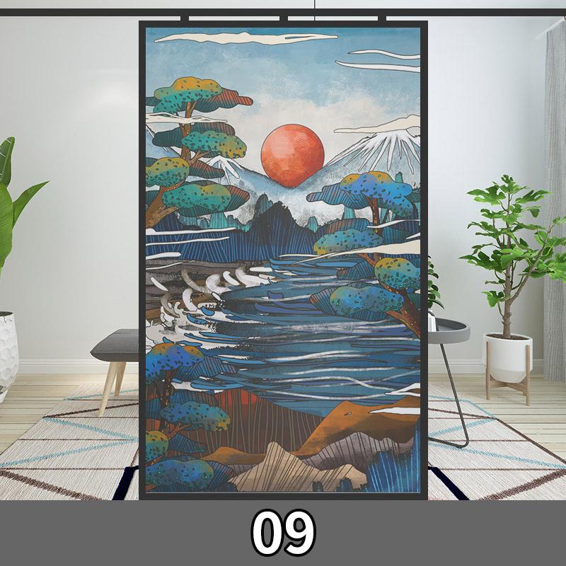 Japanese Style Privacy Window Film Static Cling Stained Ukiyo-e Cherry Blossom Glass Film Toilet Bathroom Window Stickers