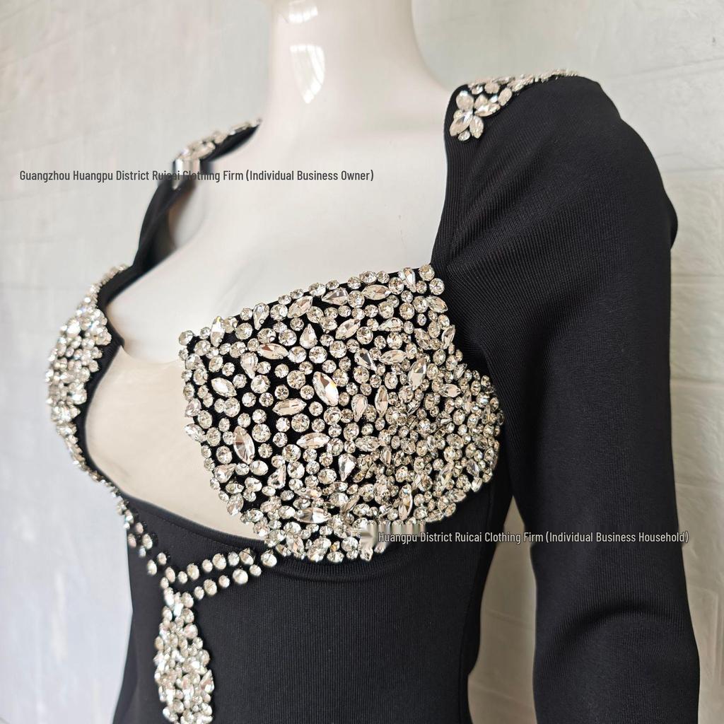 European & American Rhinestone Inlaid Stand-up Collar Bandage Evening Dress, 2025 Luxury Style.