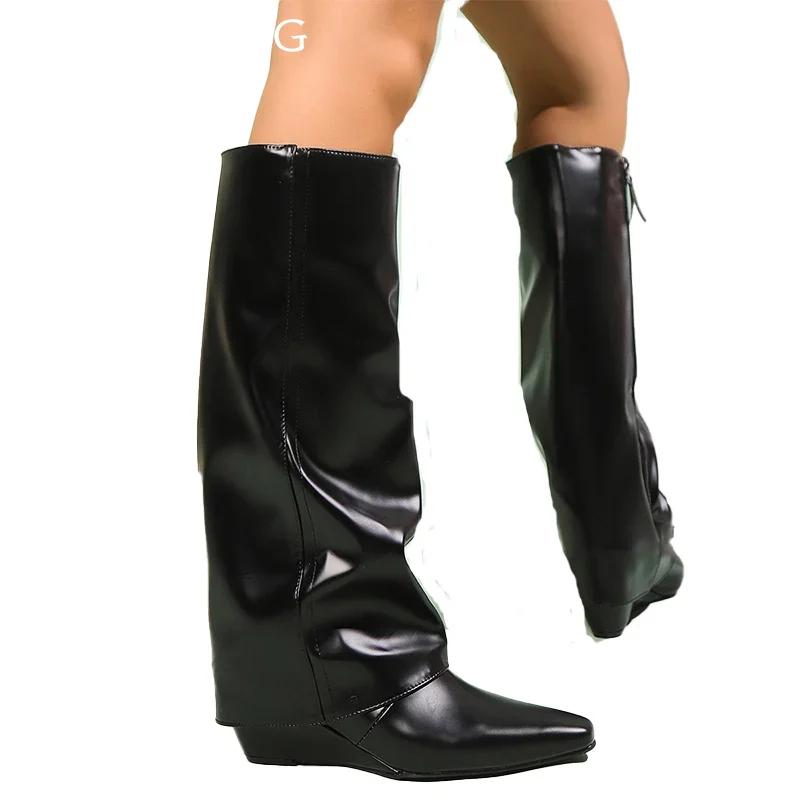 Women High Boots Wedges Pointed Toe Leather Shoes Woman 2025 Trend Winter Knee High Snow Gladiator Goth Chelsea Botas Mujer