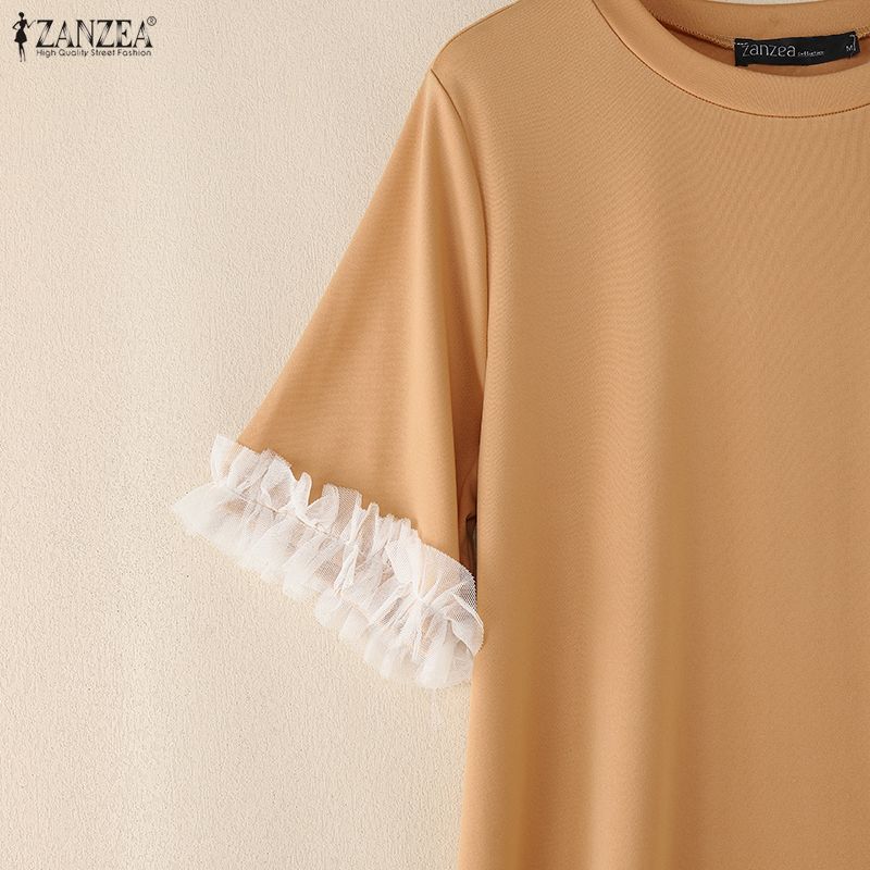 ZANZEA Women Summer Lace Splice Casual Round Neck Short Sleeve Dress