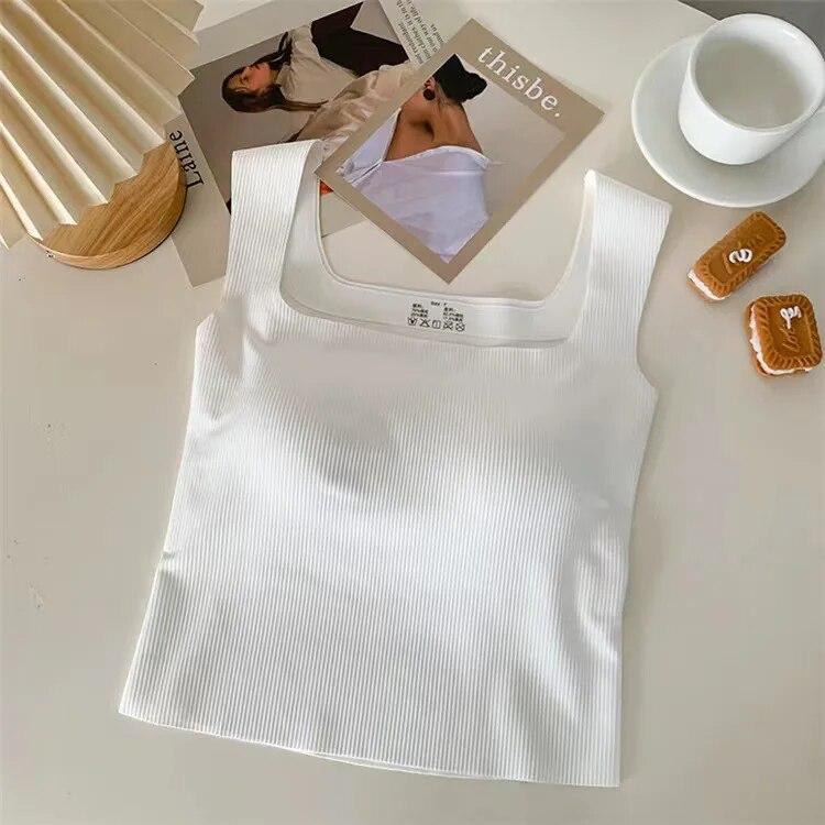 Nová košilka se širokým ramenem čtvercový výstřih Krásná vesta se zadním závitem Dámské bezešvé jednodílné pevné košíčky ležérní pevné topy