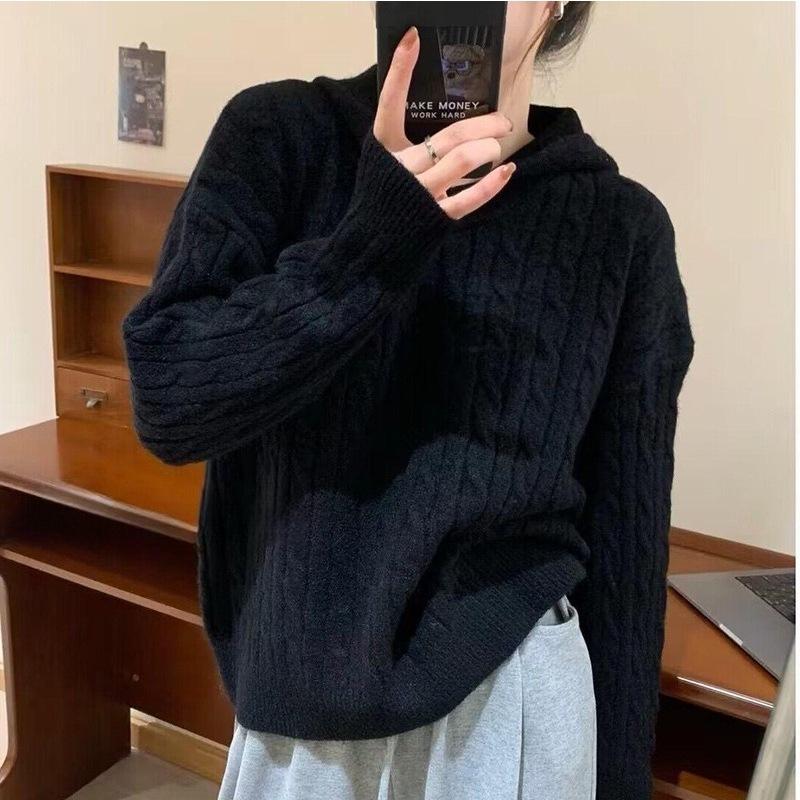 Hooded Sweater Women Autumn Winter Vintage Long Sleeve Solid Pullover Casual Thicken Knitted Solid Jumpers