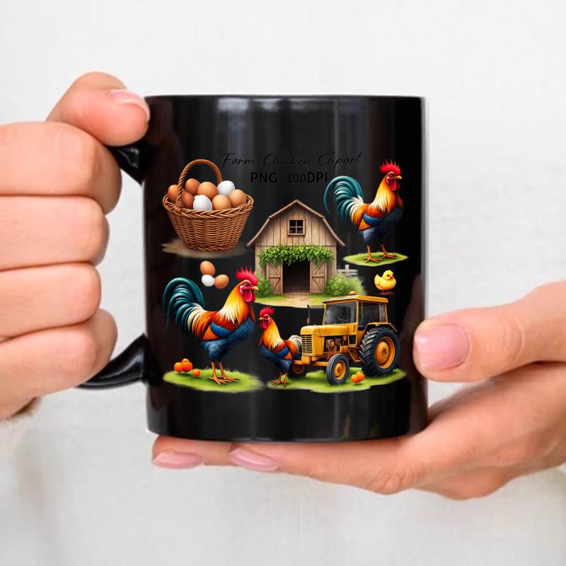 Farm Chicken Coffee Mug Black Rooster Hen Basket Egg Tractor Barn Farm Scene Design Home Kitchen Gifts чёрный