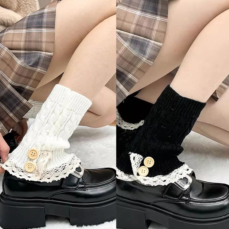 Harajuku Lace Edge Button Knitted Socks for Women Winter Warm College Style Thick Boot Socks Japanese Style Lolita Leg Warmers