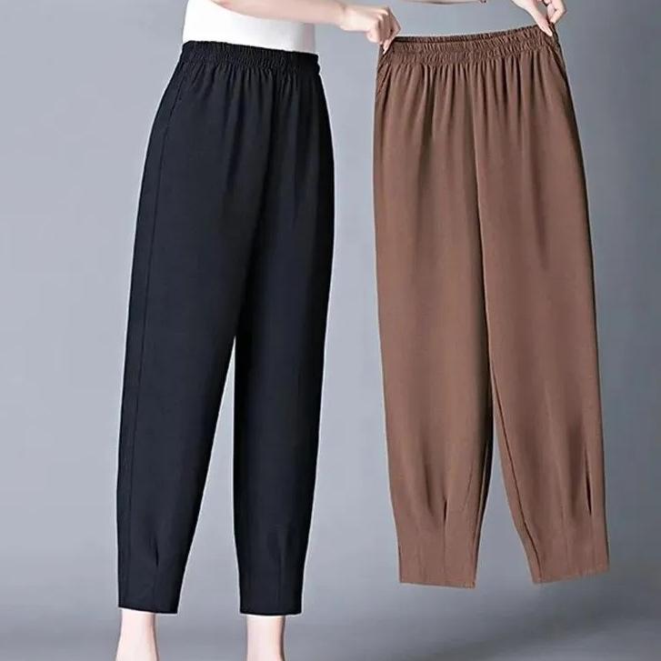 Women's High-Waisted Elastic Ice Silk Summer Trousers - Slimming, Loose Fit for Middle-Aged & Elderly