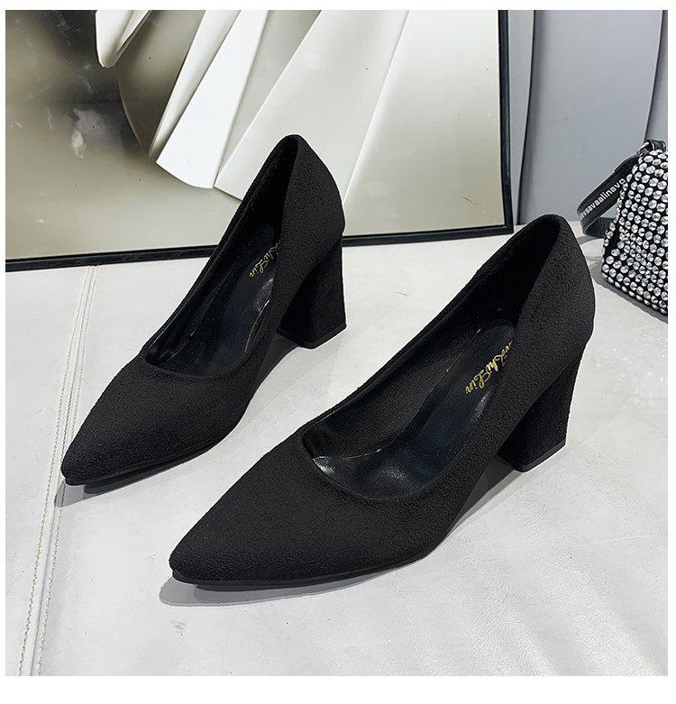 Women's Black Suede Chunky Heel High Heels - Comfortable Professional Formal Shoes