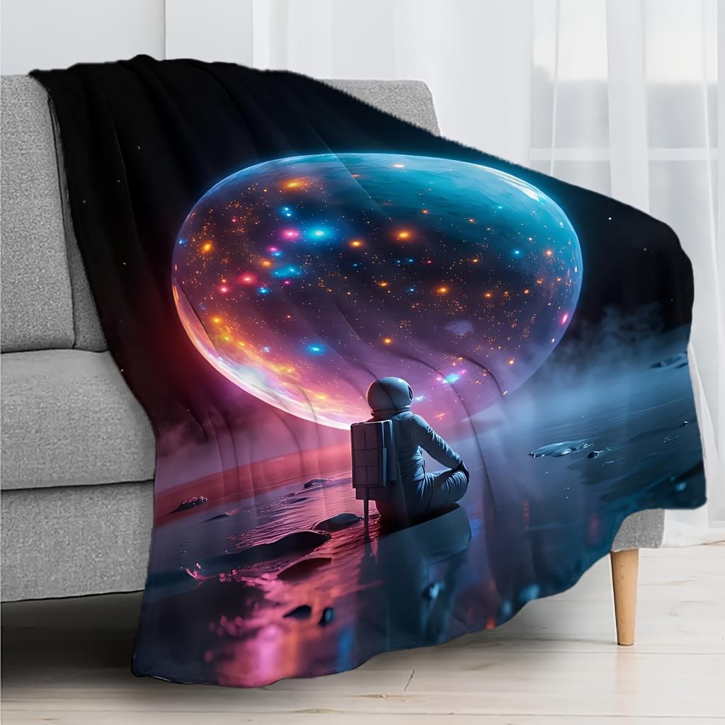 1 Stück Flanell Astronaut Weltraumdecke - Weiche Plüsch Galaxie & Nebel Überwurf mit Astronaut & Planeten, Ganzjahres-Tagesdecke, Sofa