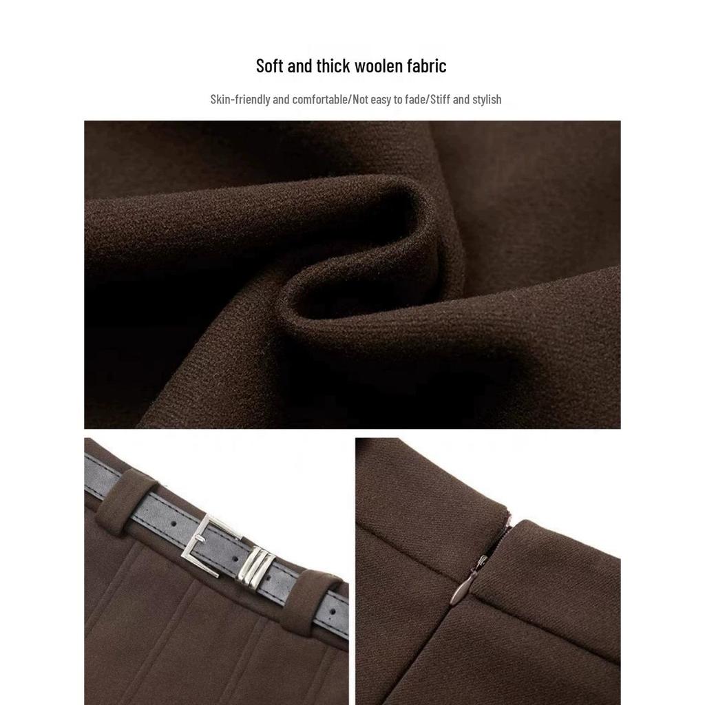 Women's Plus Size High Waist Woolen A-line Pleated Skirt - Spring/Autumn Mid-length Skirt